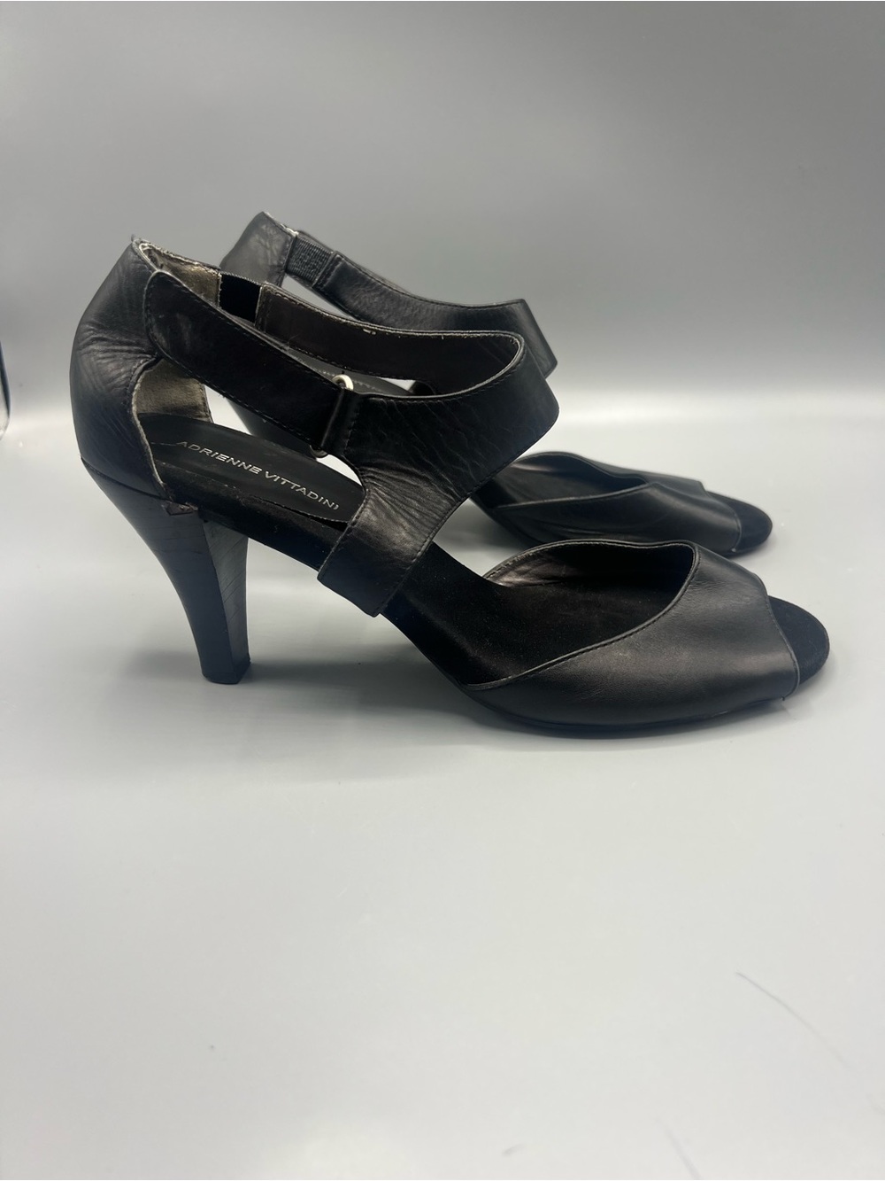 Adrienne Vittadini Black Leather Open Toe d'Orsay Heels